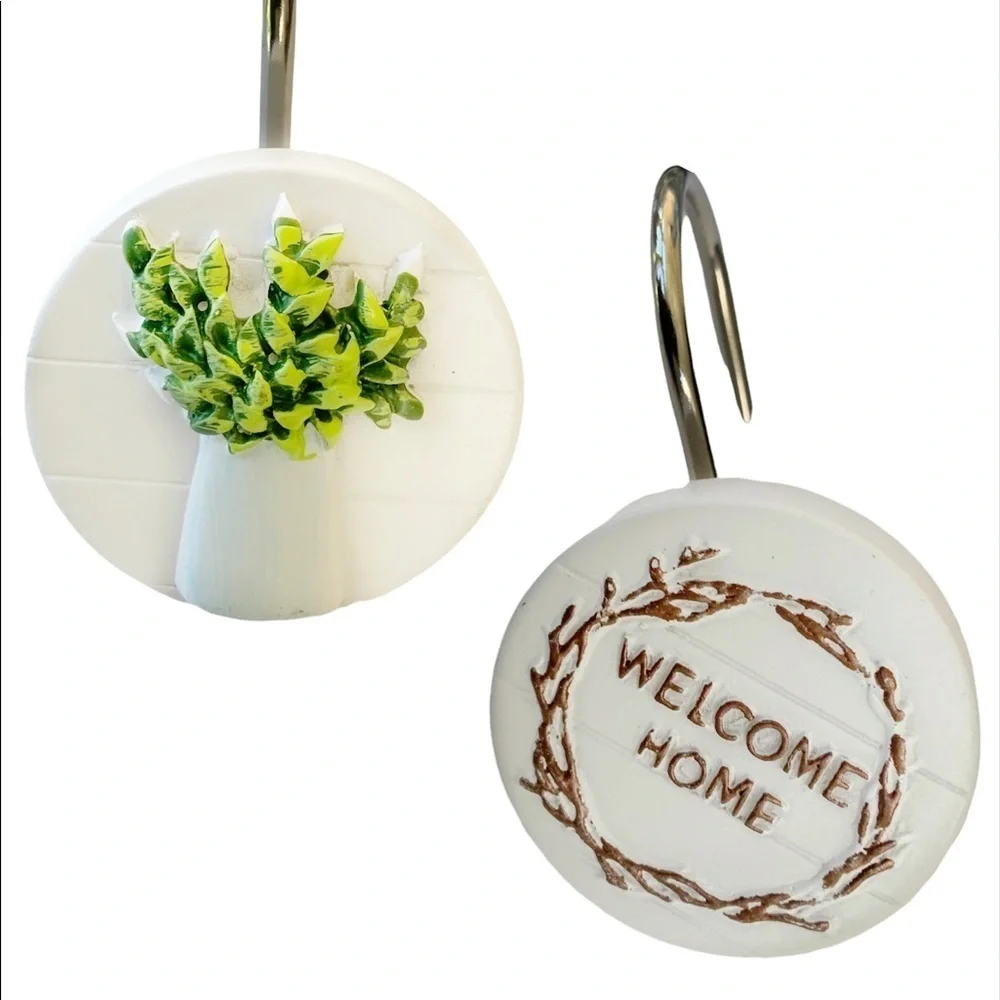 Modern Farmhouse Shower Curtain Hooks Set of 12 Welcome Home White Green Brown